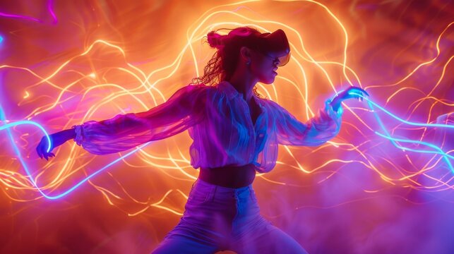 A woman is dancing with light trails behind her. Generative AI.