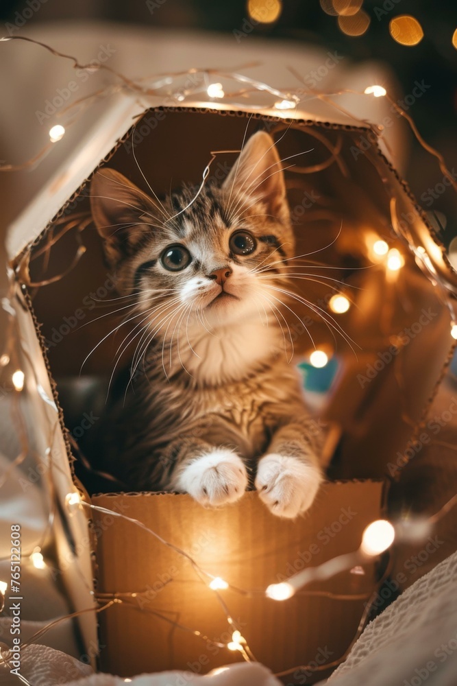Poster a kitten is sitting in a box with lights around it. generative ai.