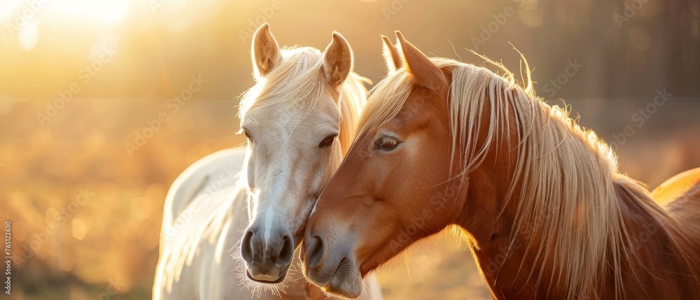 Poster two horses are standing next to each other in a field. generative ai.