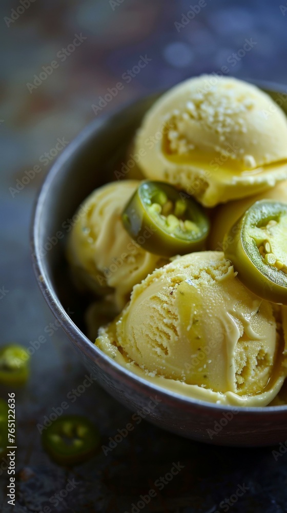 Poster a bowl of ice cream with jalapenos and a spoon. generative ai.