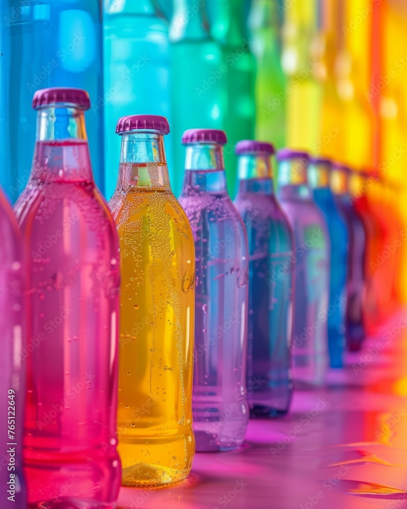 Poster a row of colorful bottles lined up on a wall with rainbow colors. generative ai.