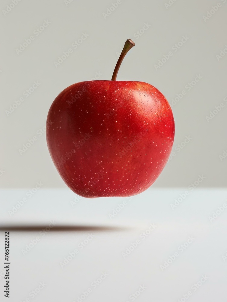 Poster a red apple floating in air on a white surface. generative ai.