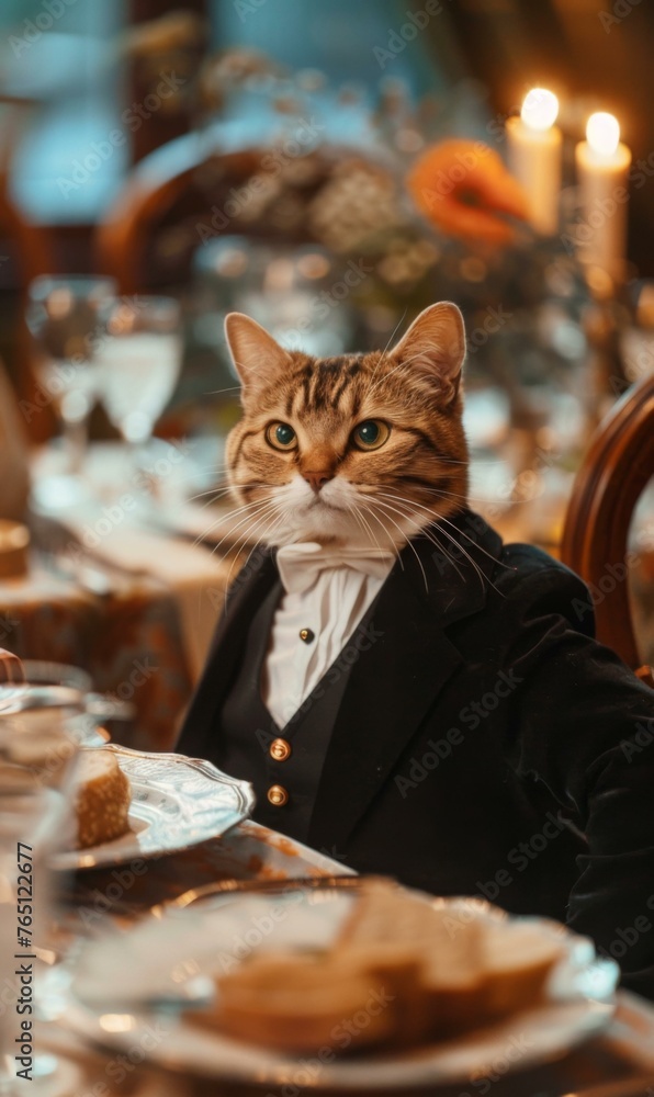 Poster a cat in a tuxedo sitting at the table with plates and silverware. generative ai.