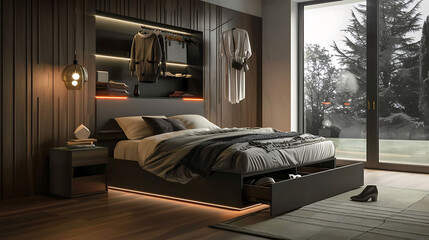 Modern bedroom with a platform bed design featuring pull-out drawers underneath for discreet storage of clothing and shoes
