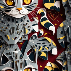 seamless pattern of gray cats on red background created in paper art style for fabrics and mobile phone covers - ai generative image