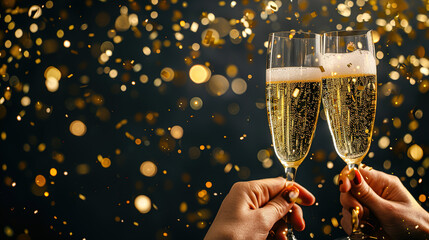 Champagne Toast Celebration - Happy New Year With Golden Glitter On Dark Abstract Background And Defocused Bokeh Lights