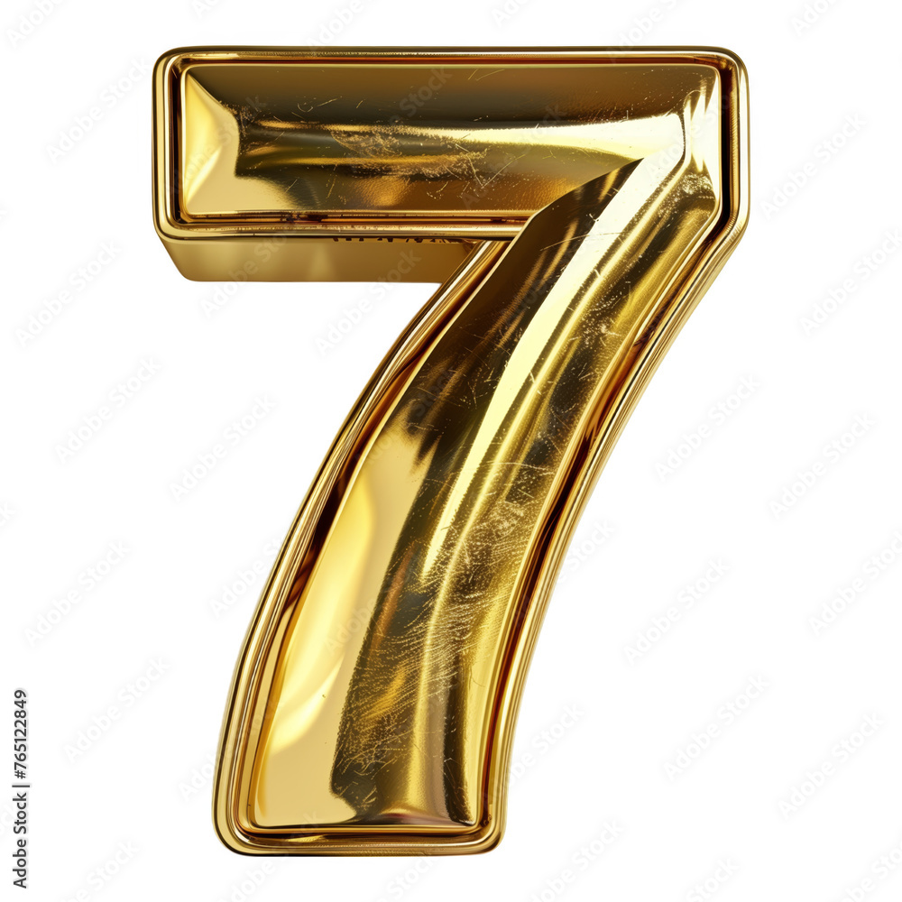 Poster a gold number 7 with a shiny, reflective surface. the number is surrounded by a border, giving it a 