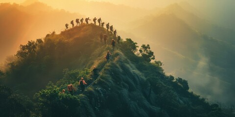 A group of people are hiking up a mountain. Generative AI. - obrazy, fototapety, plakaty