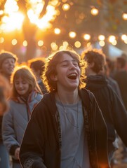 A young man laughing while standing in a crowd of people. Generative AI.