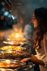 Naklejka premium A woman standing in front of a buffet line with food. Generative AI.