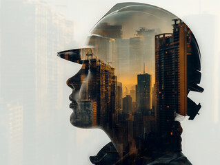 A poignant double exposure image blending a soldier's profile with a city's towering skyscrapers at dusk