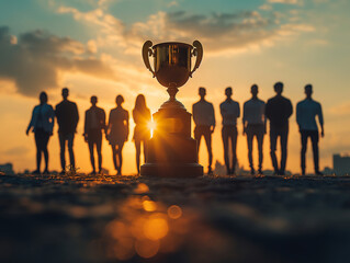 A trophy stands in sharp focus against the backdrop of a silhouetted team basking in the glow of a sunset, symbolizing achievement and teamwork