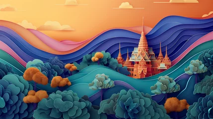 Fotobehang A whimsical digital art piece depicting rolling hills in vibrant colors with a majestic palace nestled among lush trees under a pastel sunset © kaitong1006
