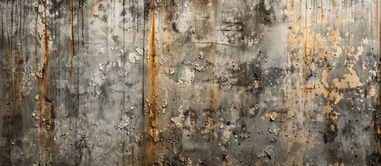 A weathered wall covered in rust patches and peeling white paint, showing signs of decay and neglect