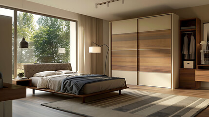 Modern bedroom with a sliding door wardrobe system that conceals clothing racks and shelves for organized storage