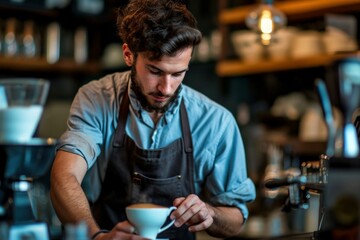 Fototapeta premium Skilled Attractive man barista. Modern loft cafe. Generate Ai