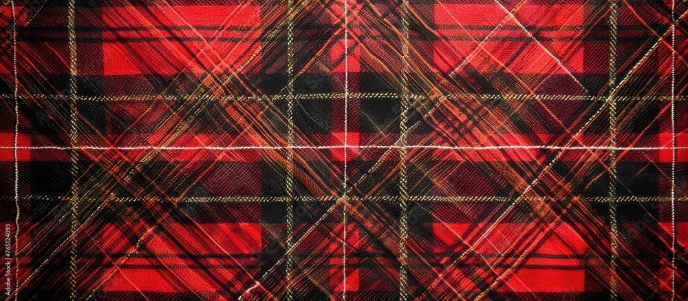 Poster an up-close view of a fabric pattern with red and black squares intersected by a shiny gold chain