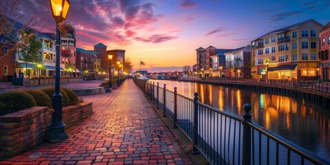A photograph of the waterfront boardwalk in Fullerton, North Carolina at sunset with buildings along the waterway and lights illuminating them Generative AI - obrazy, fototapety, plakaty