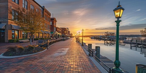 A photograph of the waterfront boardwalk The water is calm and reflects warm hues from the setting sun Generative AI - obrazy, fototapety, plakaty