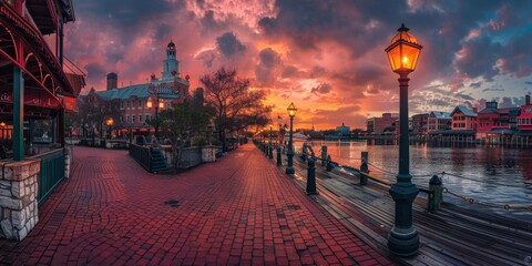 A photograph of the historic harbor in downtown The flooring is red brick, with street lights and buildings along both sides The river runs down one side of it Generative AI - obrazy, fototapety, plakaty