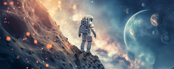 An astronaut surveys a distant, rocky exoplanet against a backdrop of multiple moons and space - obrazy, fototapety, plakaty