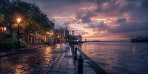 the waterfront in Charleston, South Carolina, during sunset with a brick paver walkway and street lights along the riverside Generative AI - obrazy, fototapety, plakaty