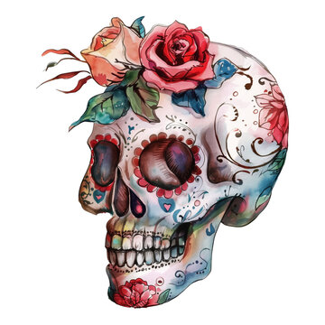 A skull with a rose and leaves on top of it. The skull is painted in watercolor and has a colorful and artistic design