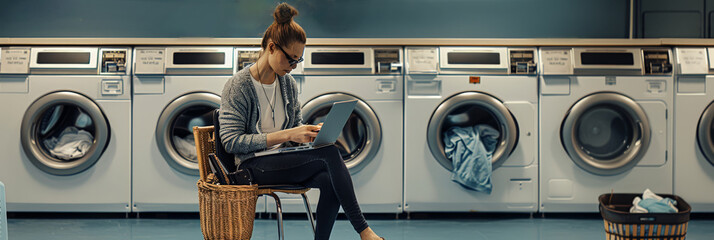 Busy laundromat scene with working young woman