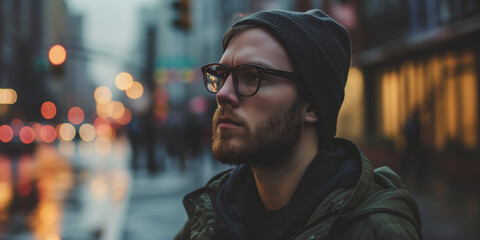 Reflective young man with glasses and beanie, lost in thought on a city street at twilight