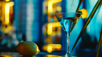 Classic martini with an olive and a twist of lemon - obrazy, fototapety, plakaty