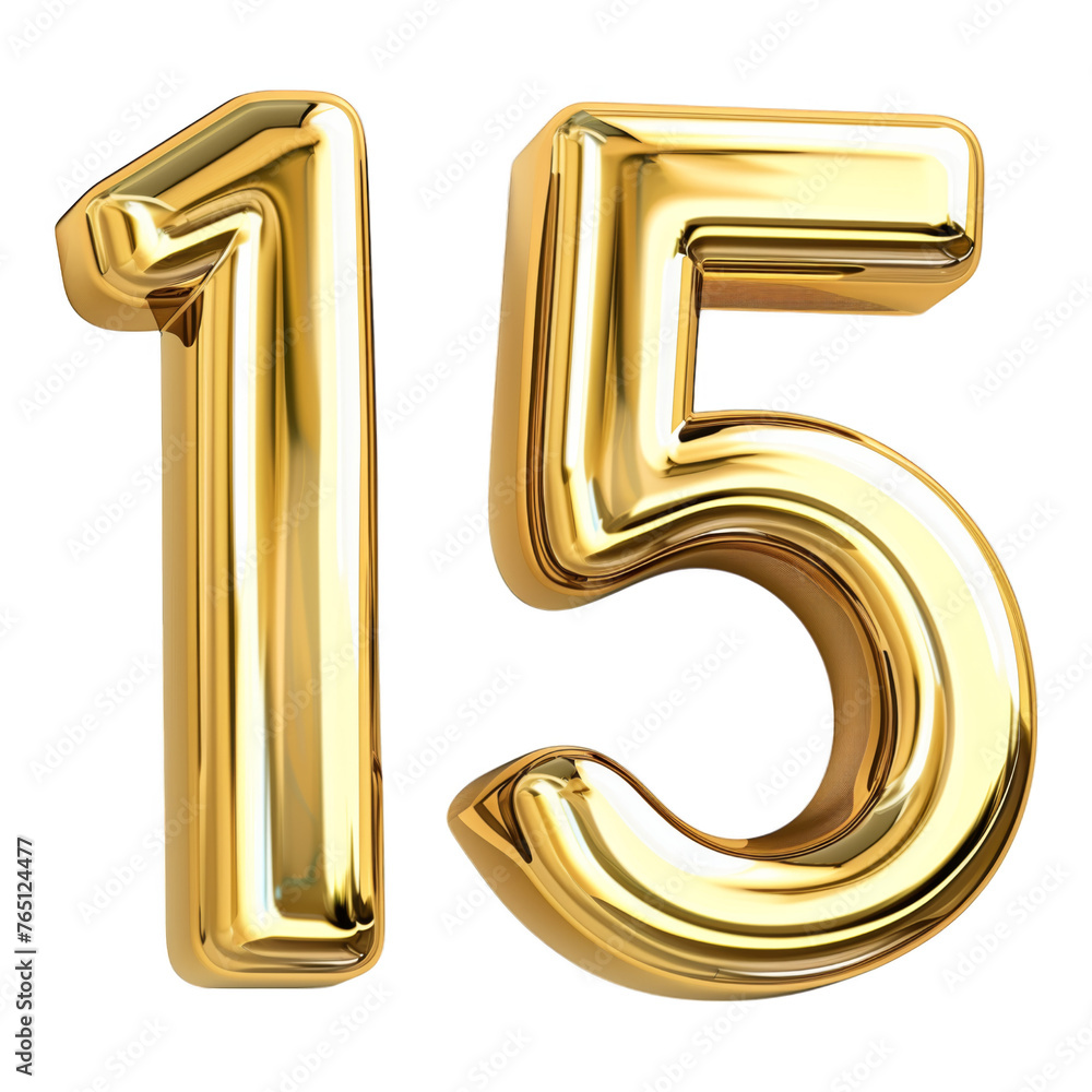 Poster the number 15 is in gold and has a shiny, reflective surface. it is a large number that stands out a