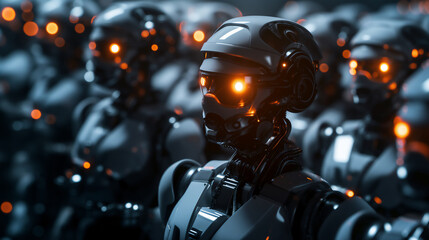 Close-up view of an army of humanoid robots with intense red glowing eyes, conveying a futuristic military concept - obrazy, fototapety, plakaty