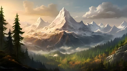 Foto op Canvas A towering mountain peak rising above a dense forest, its snow-capped summit glistening in the sunlight, a stark contrast to the lush greenery below, showcasing the diversity of nature's creations. © Graphica Galore