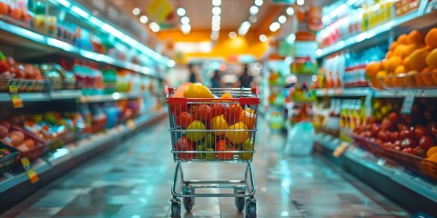 People shopping for groceries using carts and baskets at a store with a colorful cartoon illustration of a shopping cart. Concept Grocery Shopping, Store Scene, Shopping Carts, Baskets - obrazy, fototapety, plakaty