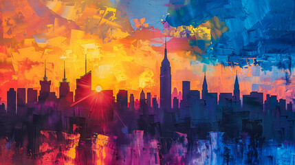 Colorful abstract artwork of the New York skyline at sunrise