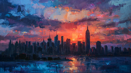 Dramatic abstract cityscape painting of New York City at dusk