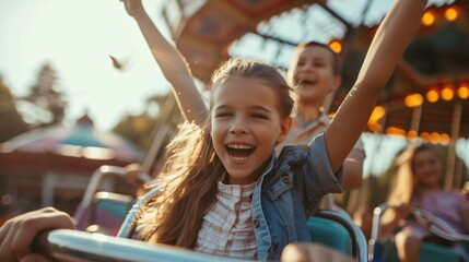 Little boy and girl having fun at the amusement park. They are riding a roller coaster and are both laughing and enjoying the ride.
