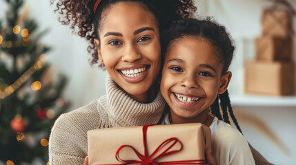 Mother and daughter smiling with Christmas gift - obrazy, fototapety, plakaty