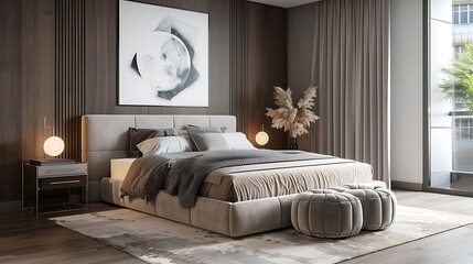 Modern bedroom with a storage ottoman at the foot of the bed that doubles as seating and conceals extra blankets and pillows