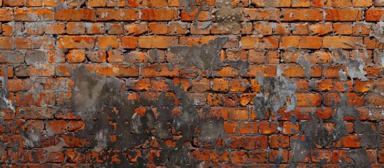 An old brick wall with a vibrant orange paint coating, showcasing a textured and weathered surface