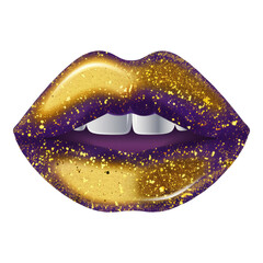 A gold and purple lip with gold glitter. The lip is very shiny and has a lot of glitter