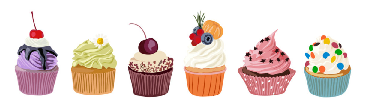 Set of different cupcakes. Delicious pastries with vanilla, chocolate, whipped cream, berries, fruits. Sweet sugar desserts clipart. Colorful vector illustrations isolated on transparent background.