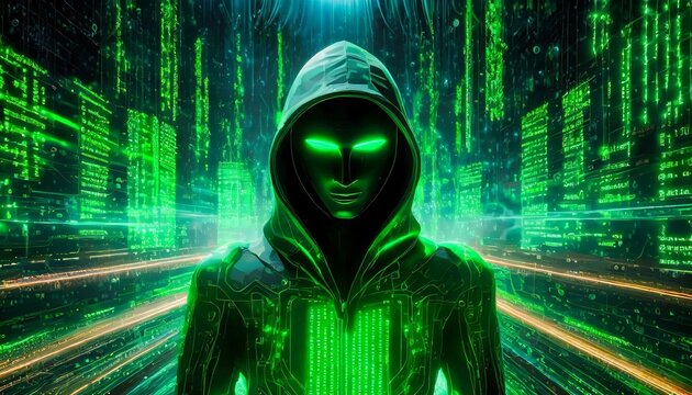 Illustration of an Artificial Intelligence represented in humanoid form that lost control and became very dangerous or was used by malicious human beings to commit evil.	