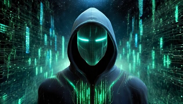 Illustration of an Artificial Intelligence represented in humanoid form that lost control and became very dangerous or was used by malicious human beings to commit evil.	