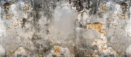 Close-up of an old wall with layers of paint peeling off, revealing a textured surface in shades of white and grey