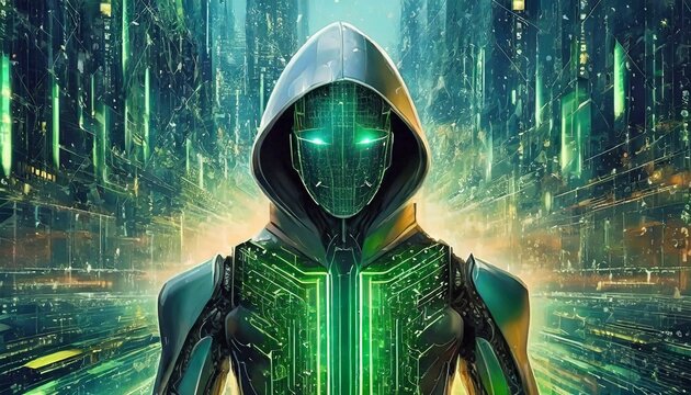 Illustration of an Artificial Intelligence represented in humanoid form that lost control and became very dangerous or was used by malicious human beings to commit evil.	