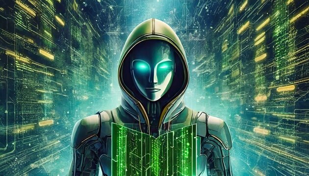 Illustration of an Artificial Intelligence represented in humanoid form that lost control and became very dangerous or was used by malicious human beings to commit evil.	