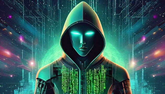 Illustration of an Artificial Intelligence represented in humanoid form that lost control and became very dangerous or was used by malicious human beings to commit evil.	