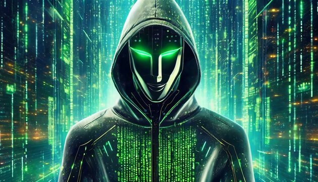 Illustration of an Artificial Intelligence represented in humanoid form that lost control and became very dangerous or was used by malicious human beings to commit evil.	