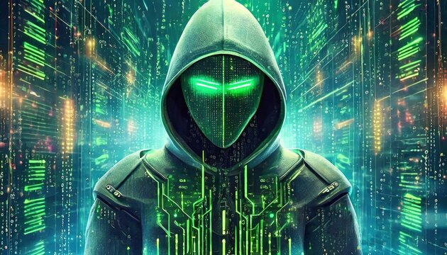 Illustration of an Artificial Intelligence represented in humanoid form that lost control and became very dangerous or was used by malicious human beings to commit evil.	